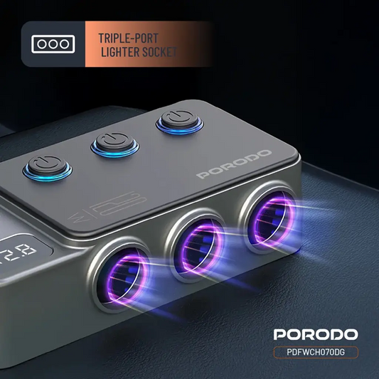 Porodo 120W Car Charger Hub Triple-Port Lighter Socket