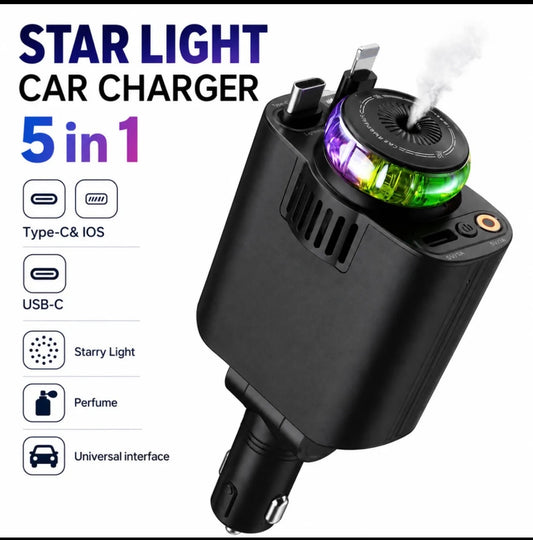 5-in-1 Car Charger — LED, PD3.0, Air Freshener & Projector