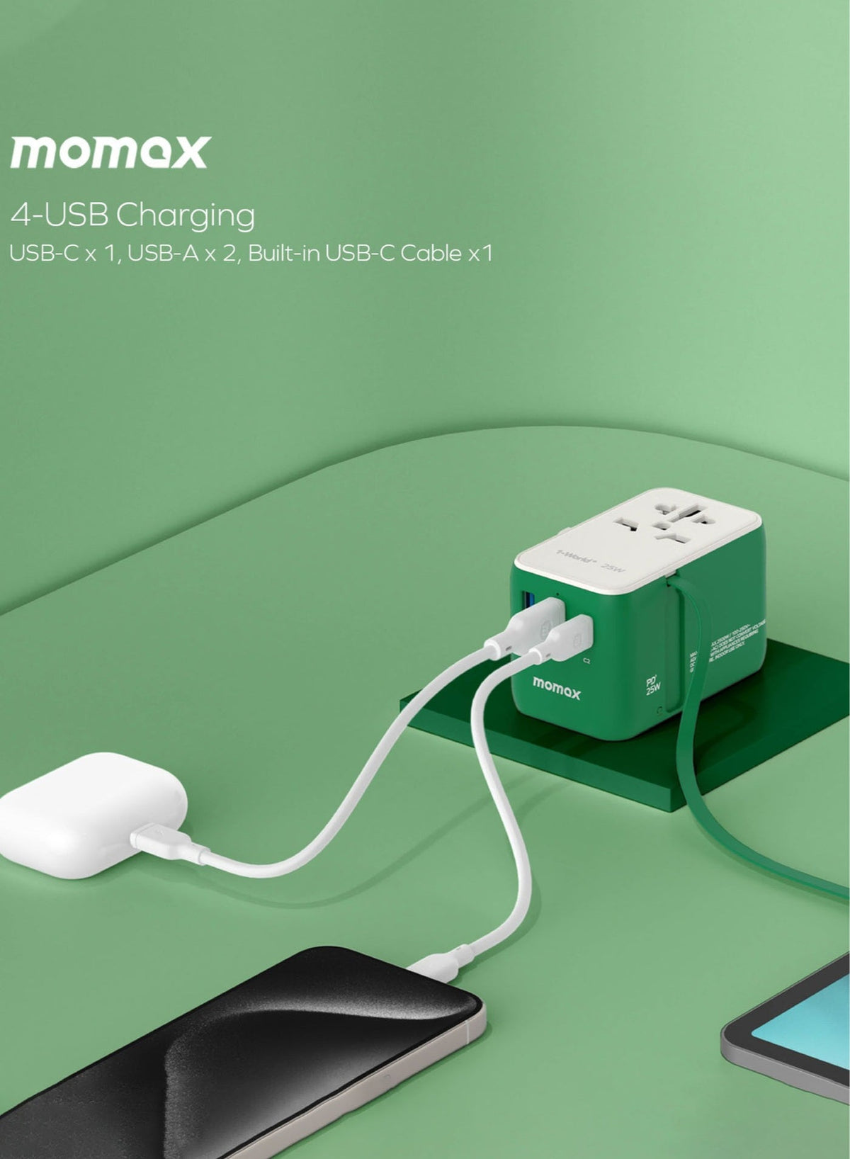 1-World+ 3-Port Travel Charger Built-In USB-C Cable 25W