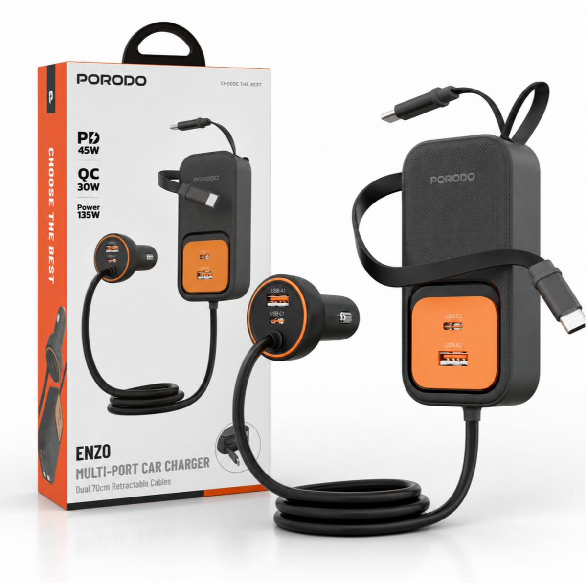 Porodo ENZO MULTI-PORT CAR CHARGER Dual 70cm Retractable Cables - Black
