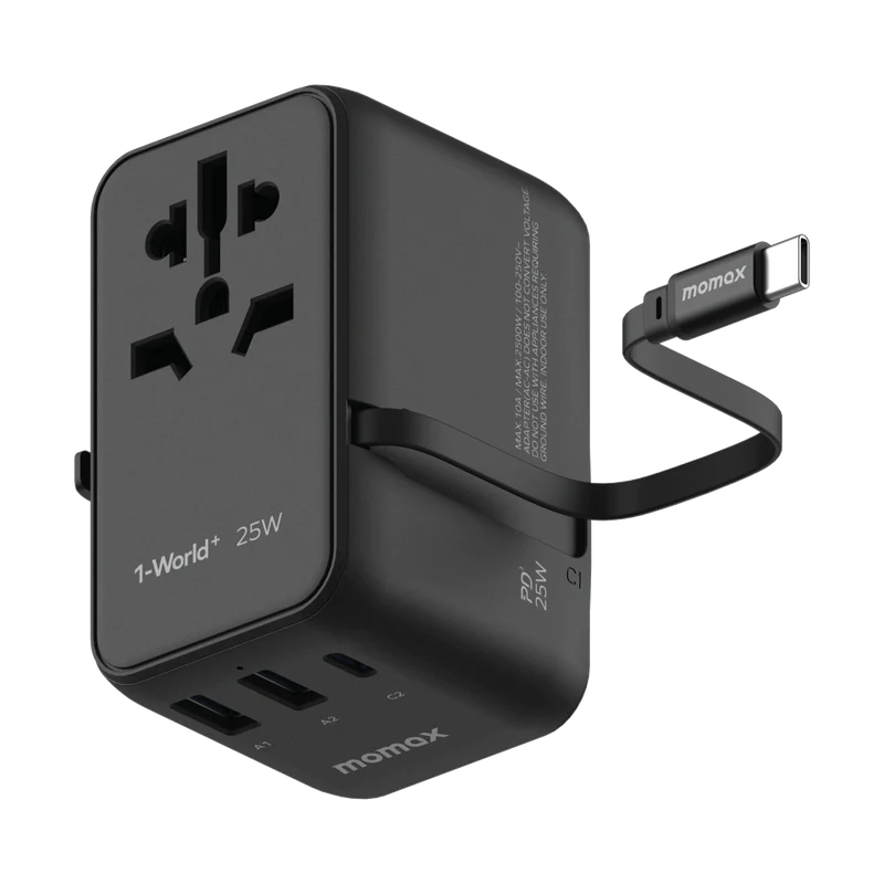1-World+ 3-Port Travel Charger Built-In USB-C Cable 25W