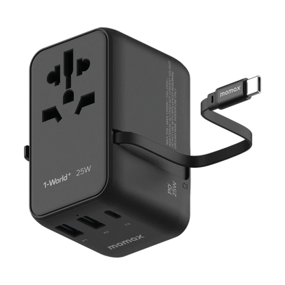 1-World+ 3-Port Travel Charger Built-In USB-C Cable 25W