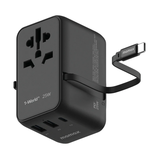 1-World+ 3-Port Travel Charger Built-In USB-C Cable 25W
