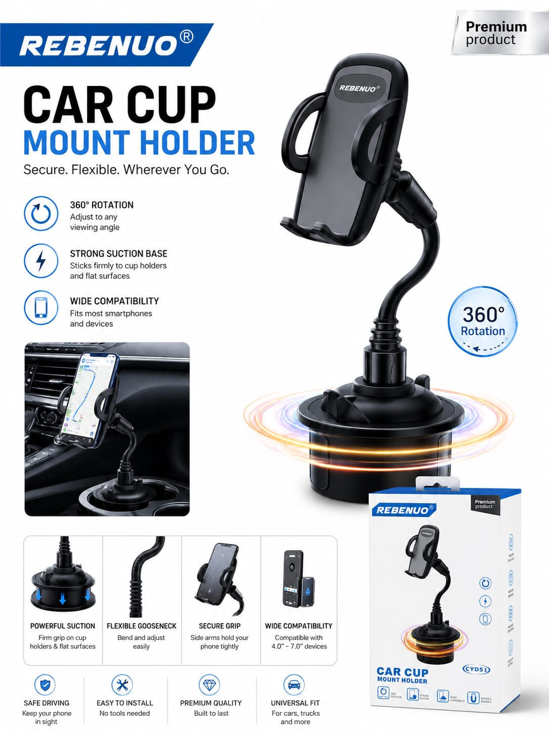 Rebenuo CYD51 Car Cup Mount Holder for Vehicle Interior