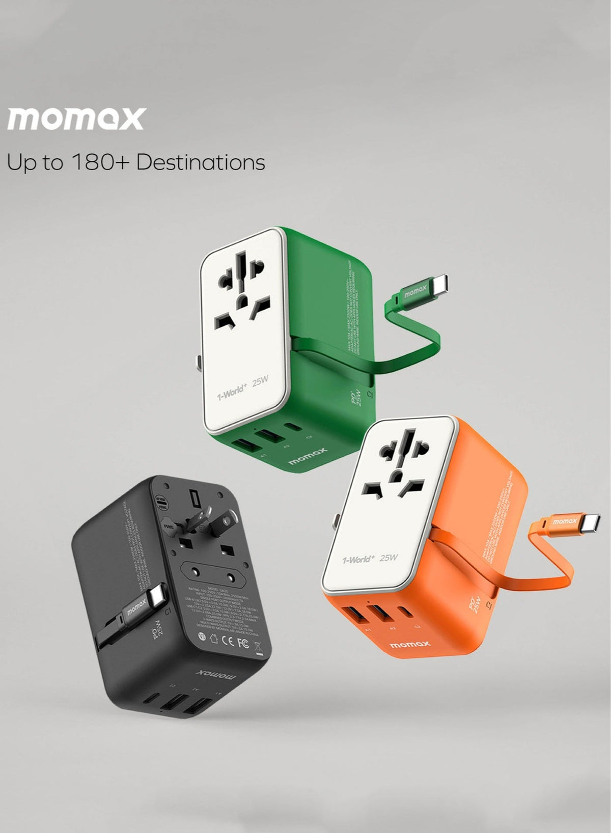 1-World+ 3-Port Travel Charger Built-In USB-C Cable 25W
