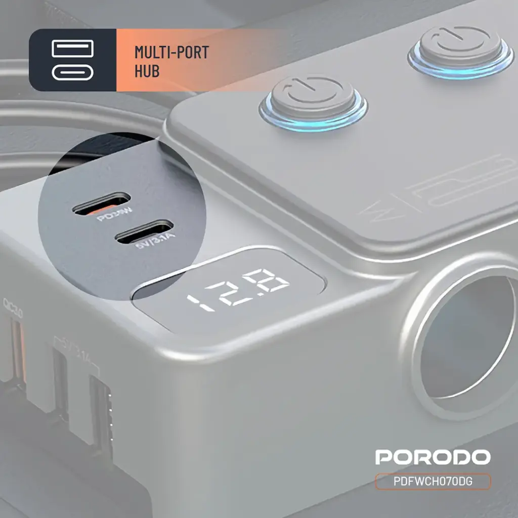 Porodo 120W Car Charger Hub Triple-Port Lighter Socket