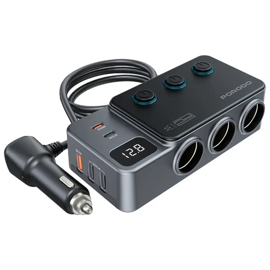 Porodo 120W Car Charger Hub Triple-Port Lighter Socket