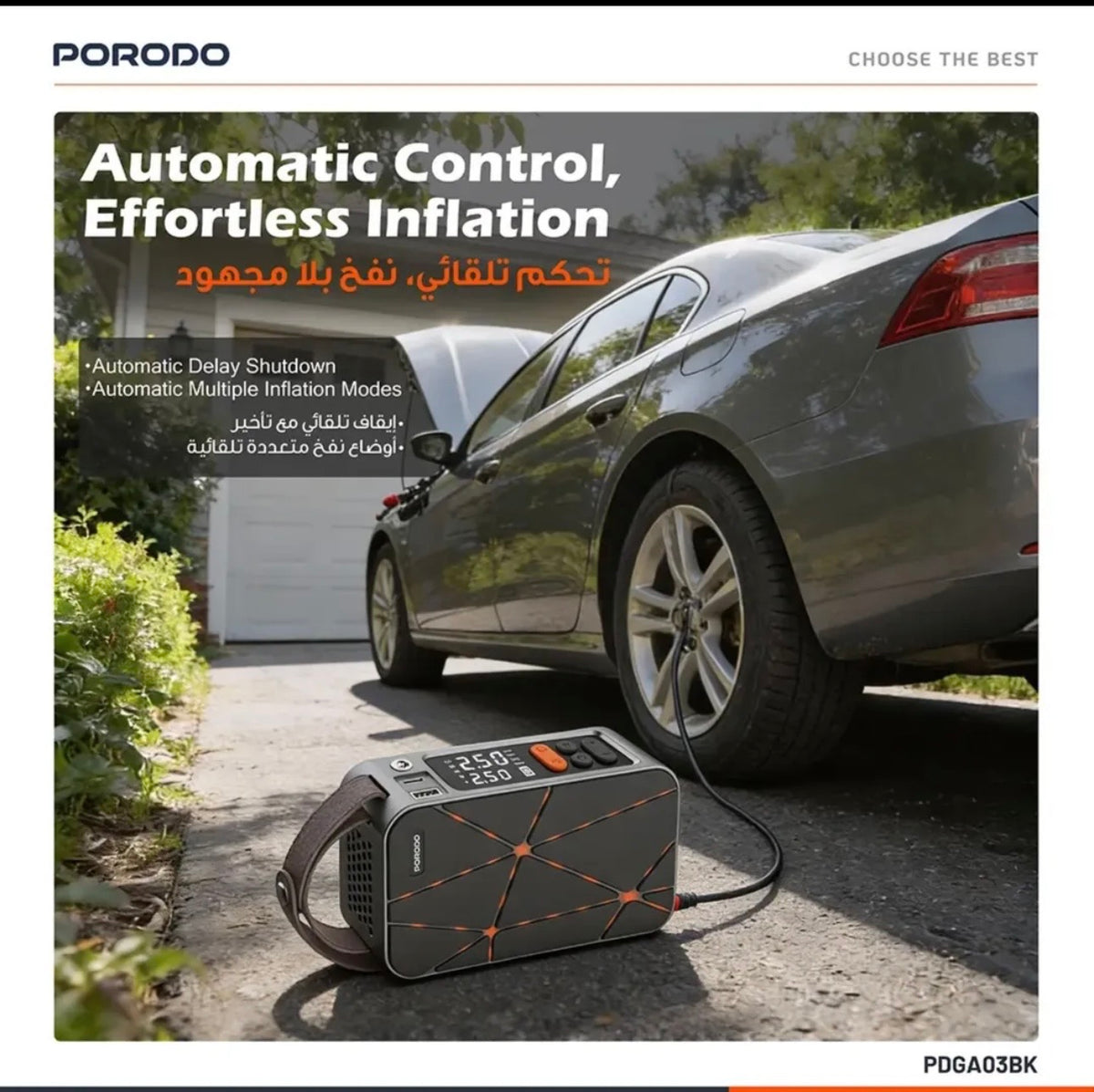 Porodo Flator 4000Mah Car Tire Inflator With Pressure Display - Black