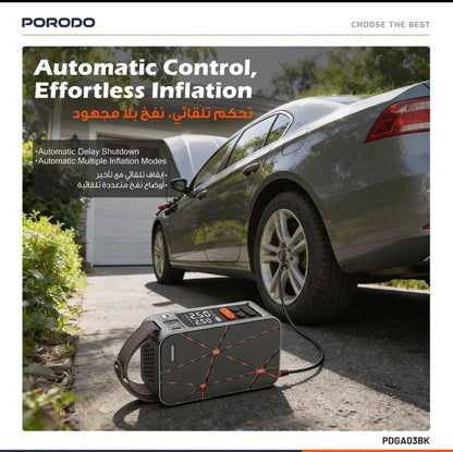 Porodo Flator 4000Mah Car Tire Inflator With Pressure Display - Black
