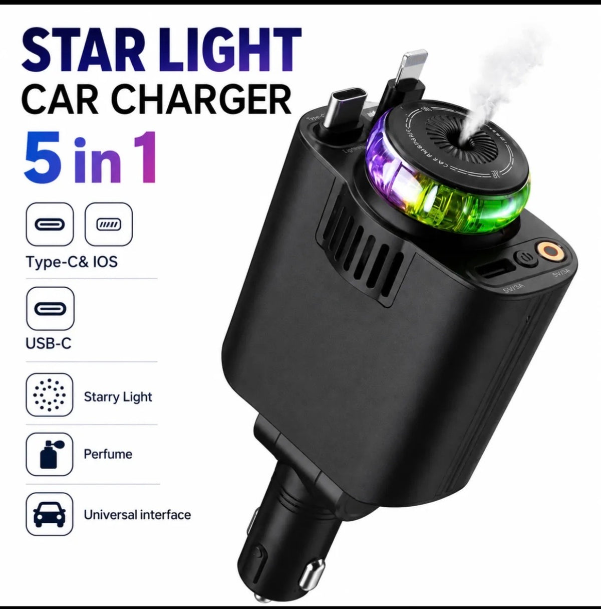 5-in-1 Car Charger — LED, PD3.0, Air Freshener & Projector