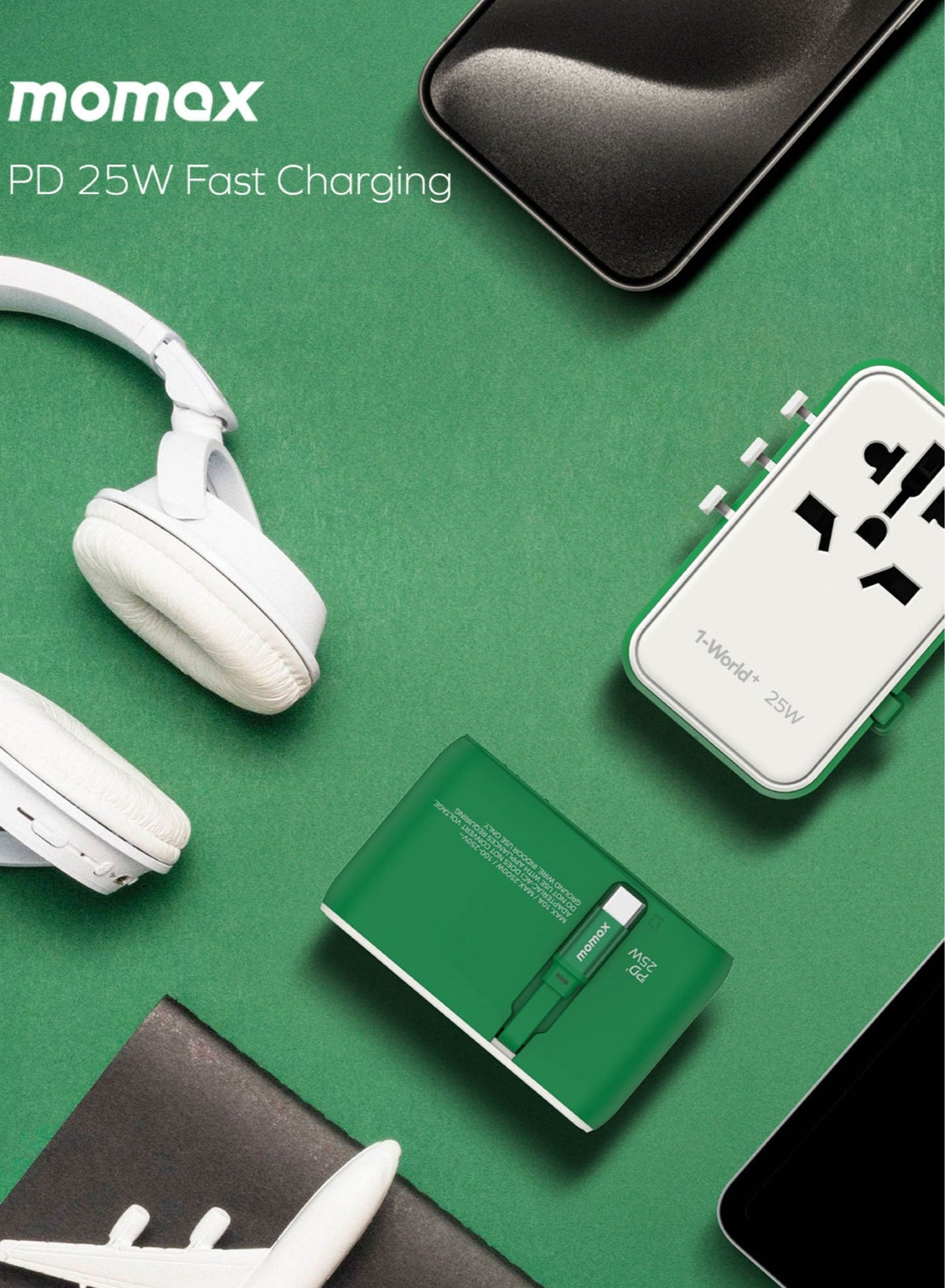 1-World+ 3-Port Travel Charger Built-In USB-C Cable 25W