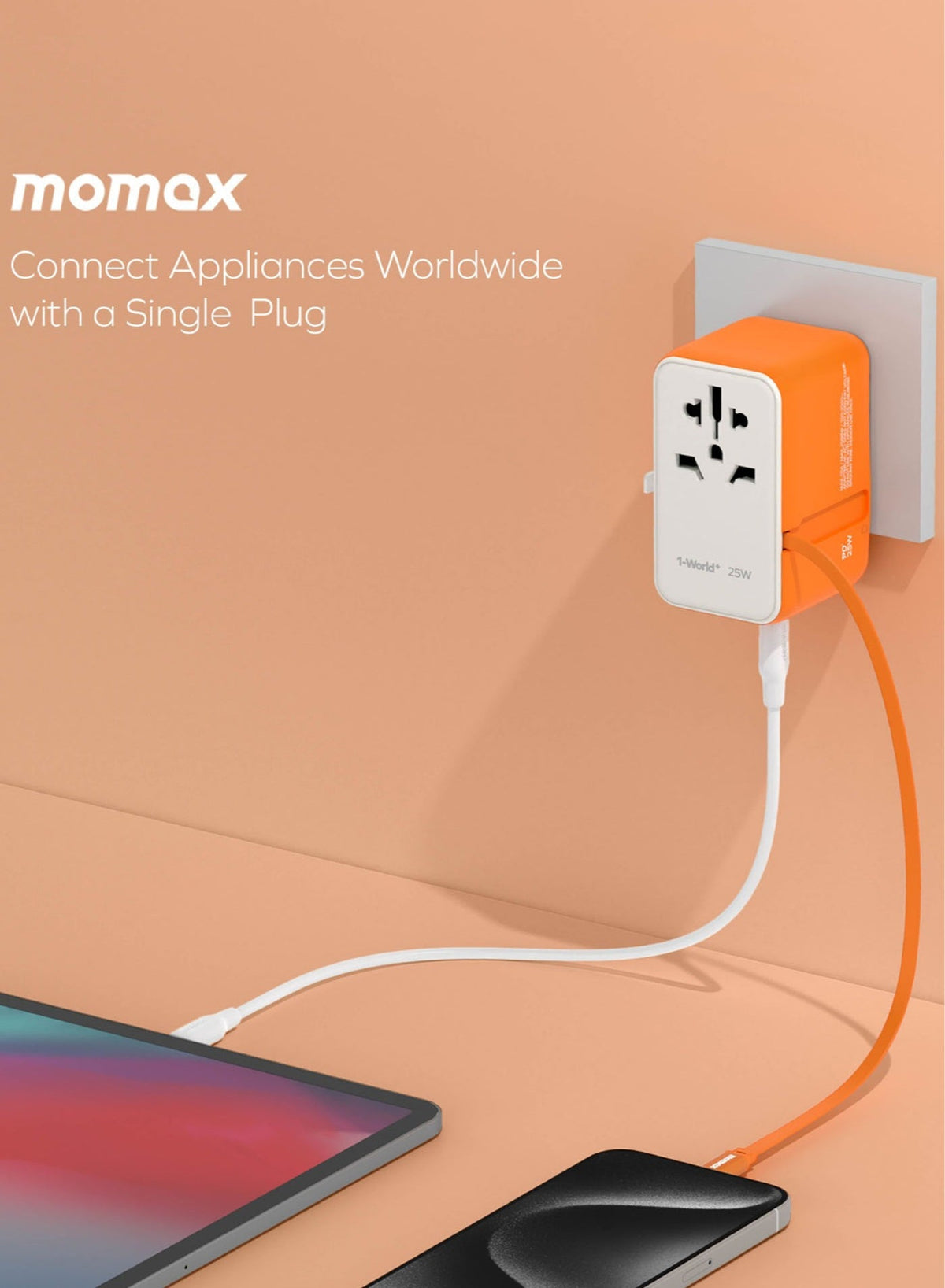 1-World+ 3-Port Travel Charger Built-In USB-C Cable 25W