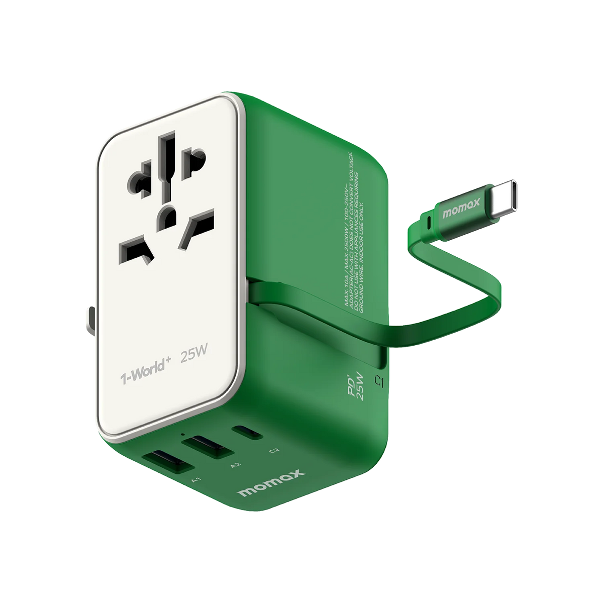 1-World+ 3-Port Travel Charger Built-In USB-C Cable 25W