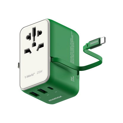 1-World+ 3-Port Travel Charger Built-In USB-C Cable 25W