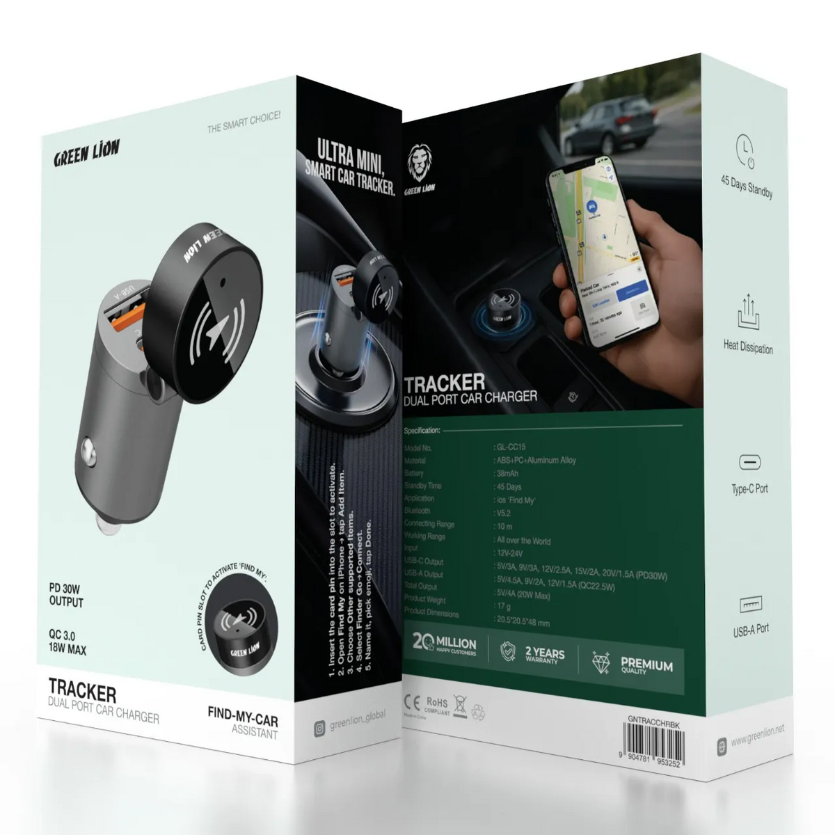 Green Lion Tracker Dual Port Car Charger - Black