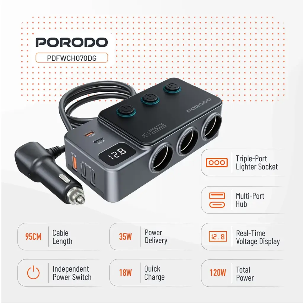 Porodo 120W Car Charger Hub Triple-Port Lighter Socket