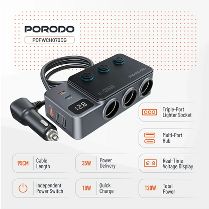 Porodo 120W Car Charger Hub Triple-Port Lighter Socket