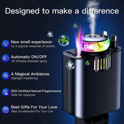 5-in-1 Car Charger — LED, PD3.0, Air Freshener & Projector