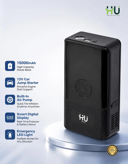 HU 15000mAh Jump Starter with Air Pump — Car Emergency Kit