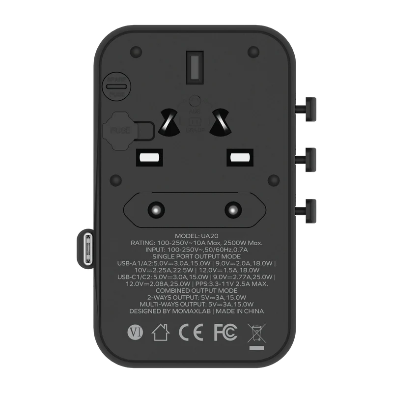 1-World+ 3-Port Travel Charger Built-In USB-C Cable 25W