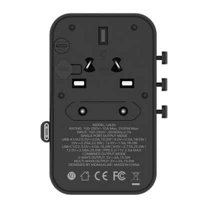 1-World+ 3-Port Travel Charger Built-In USB-C Cable 25W