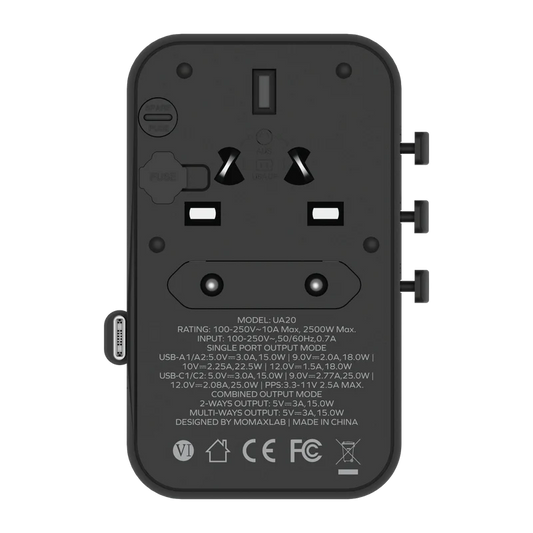 1-World+ 3-Port Travel Charger Built-In USB-C Cable 25W
