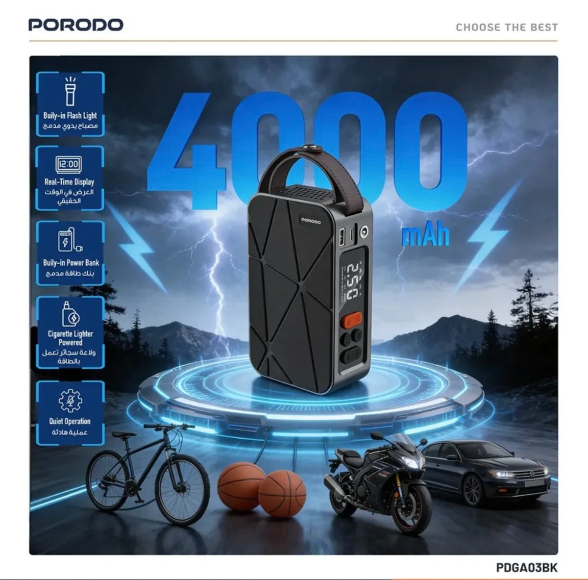 Porodo Flator 4000Mah Car Tire Inflator With Pressure Display - Black