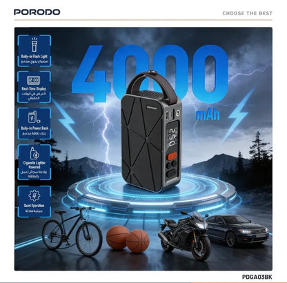 Porodo Flator 4000Mah Car Tire Inflator With Pressure Display - Black